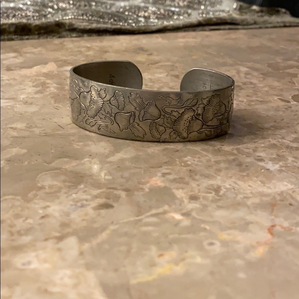 Vintage Poppy Flower Etched Pewter Cuff Signed